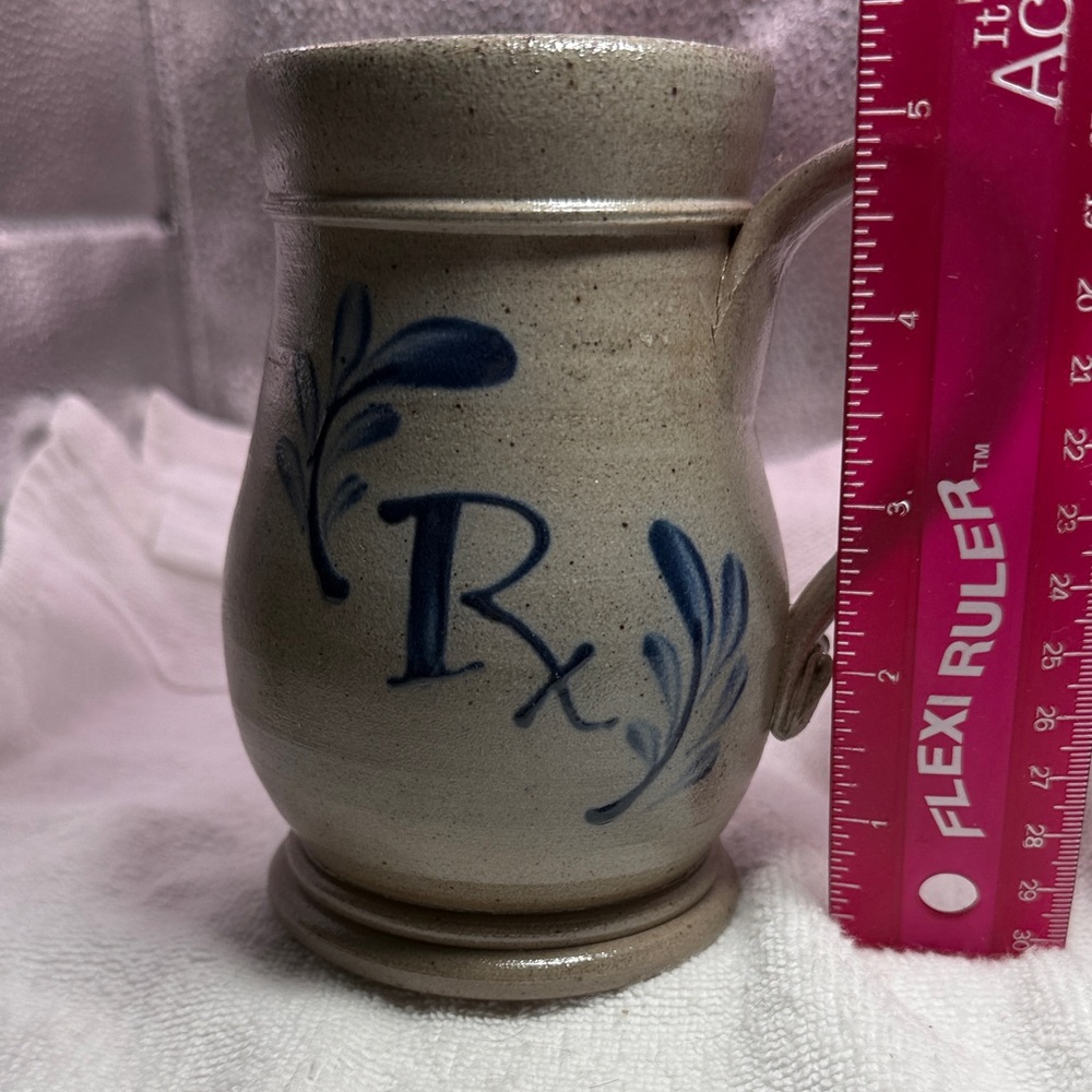 Rowe Salt glazed Stoneware Coffee Mug with Blue Floral Motif “RX” Stamped.